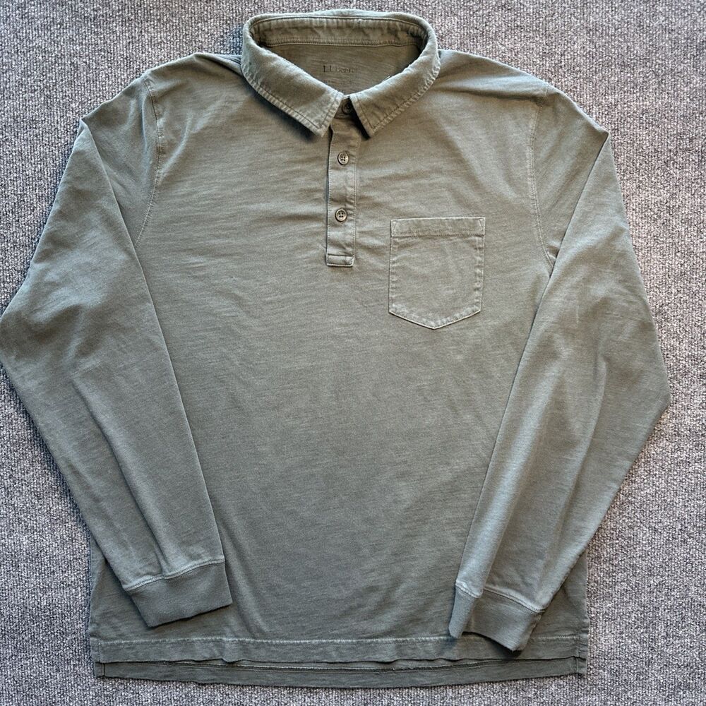 LL BEAN Long Sleeve Knit Polo Shirt Mens Large Green Size L Reg